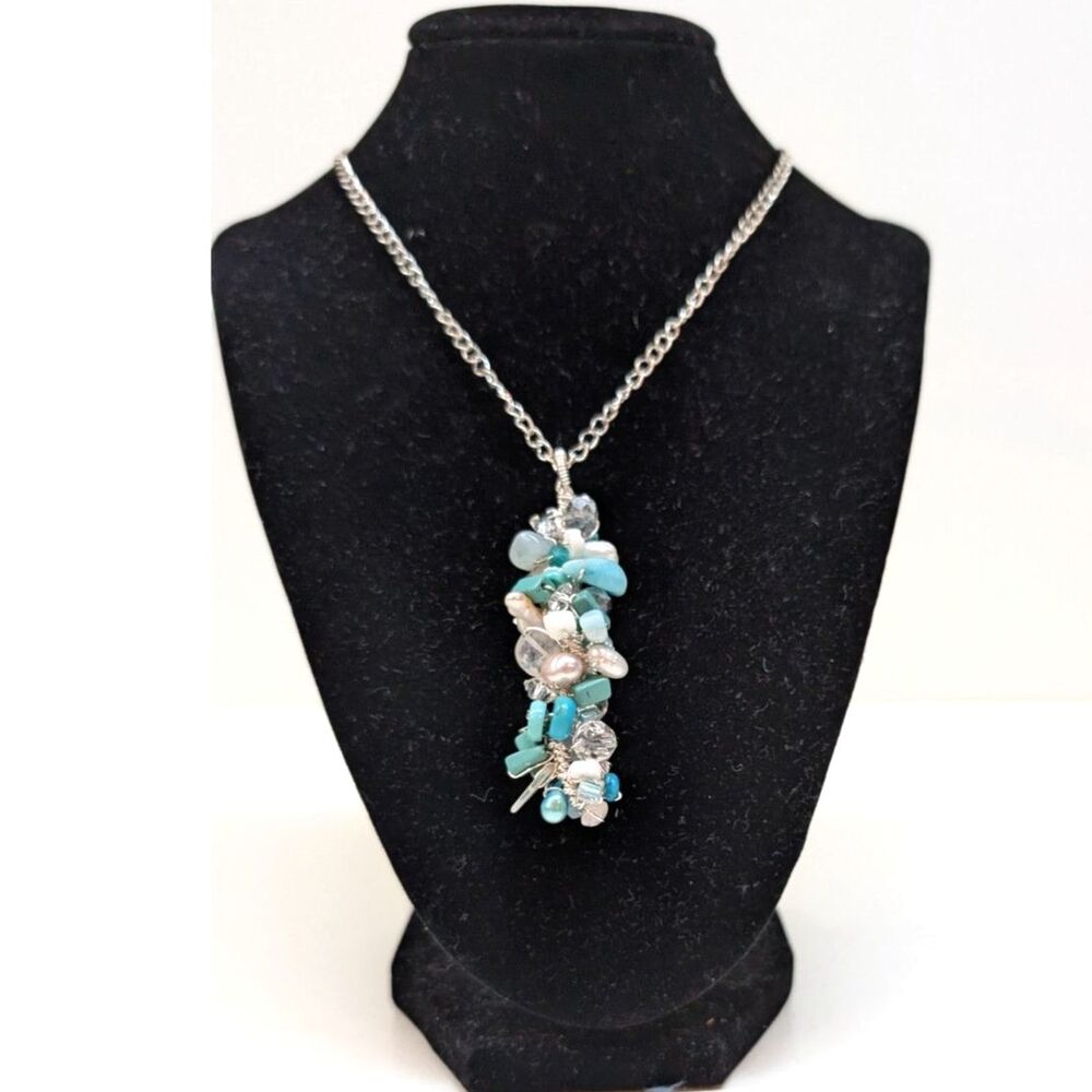Turquoise Pearl Silver Cluster Necklace